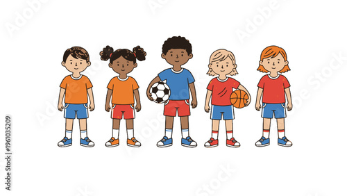 Diverse children in sports uniforms with soccer and basketball