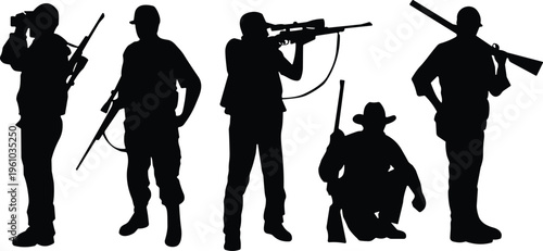 Hunter silhouettes with rifles, tactical poses illustration, armed figures design, binoculars stance art, outdoor hunting concept, wilderness lifestyle, adventure background