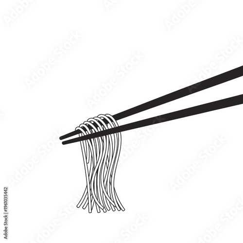 Chopsticks holding a bunch of thin noodles against a white background, minimal style