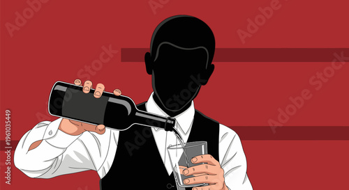 Silhouette of a waiter pouring wine into a glass with a red background