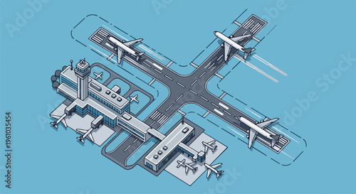 Isometric view of an airport with planes on runways and at gates