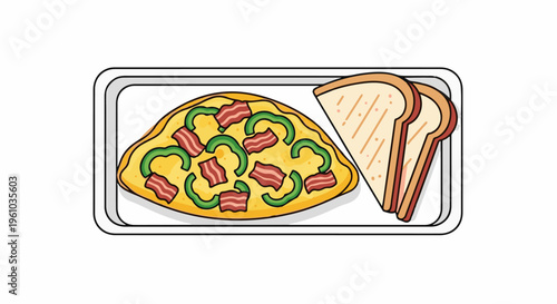 Illustrated breakfast of bacon, peppers, and toast served on a tray