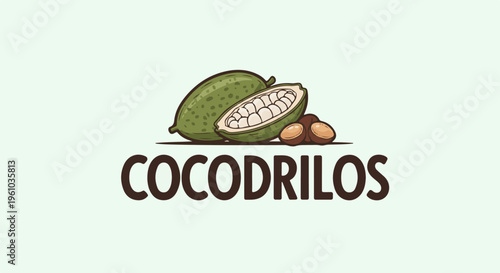 Illustrated cocoa pods and beans with bold text below