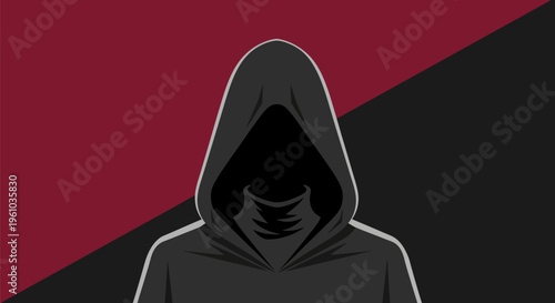 Mysterious hooded figure in front of red and black background anonymous person with hoodie up dark and moody atmosphere with bold colors