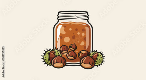 Jar of chestnuts and whole chestnuts with spiky shells