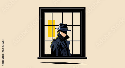 Mysterious man in black coat and hat looking out window with yellow blinds indoors
