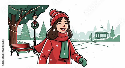 Joyful woman in red coat and scarf enjoys snowy park with festive lights