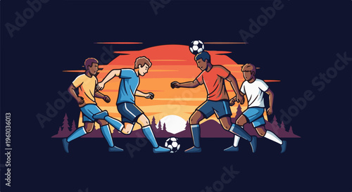 Four diverse men play soccer during a vibrant sunset on a dark background