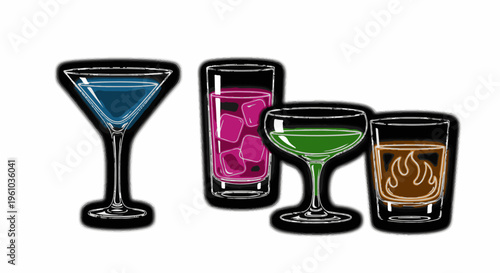 Four colorful, stylized drinks in various glasses