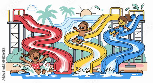 Kids enjoy colorful water slides under a bright sun at a fun park