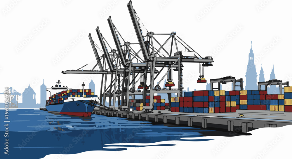 Fototapeta premium Large cargo ship docked at a port with many cranes and containers