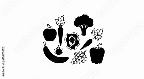 A black and white illustration of various fruits and vegetables arranged organically