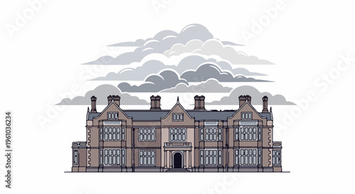 Large, historic manor house with multiple windows under a cloudy sky