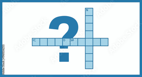 Large question mark overlaid on a light blue crossword grid with a few letters