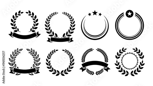 Set of black laurel wreath icons and award symbols with ribbons and stars for achievement and branding design