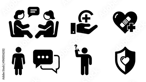 Healthcare and mental health support icon set for medical counseling and insurance services