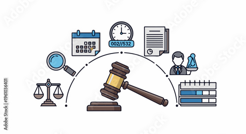 Legal process icons including gavel, scales, calendar, clock, document, and person