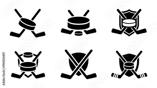 Ice hockey icon set featuring crossed sticks pucks and shields for sports team branding and tournament logo design