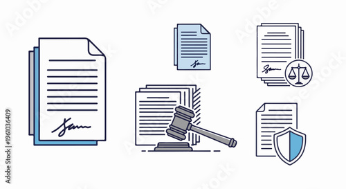 Legal documents and symbols; signed paper, gavel, scales, shield