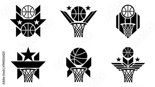Basketball logo icons set with hoops and stars for sports team branding and tournament emblems