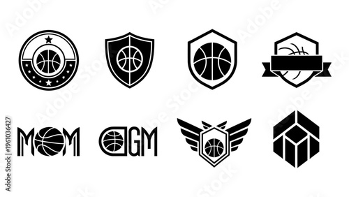 Basketball logo and emblem set featuring shields wings and stars for sports team branding and apparel design