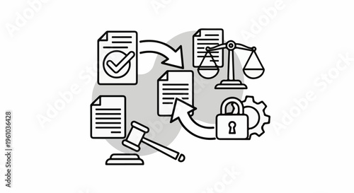 Legal process with documents, scales of justice, padlock, gear, and gavel