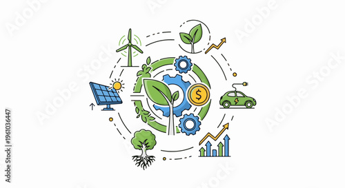 Eco-friendly progress with green energy, electric car, and financial growth