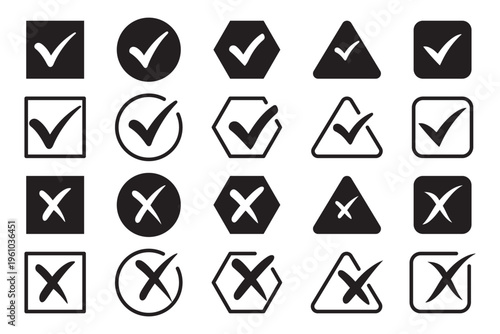 Check and Cross Shape Icons Set – Square Circle Hexagon Triangle Tick and X Symbols for UI Validation and Status Vector. Green check mark and red cross icon set with approval and rejection symbols 