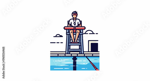 Lifeguard seated on high chair overlooking a swimming pool