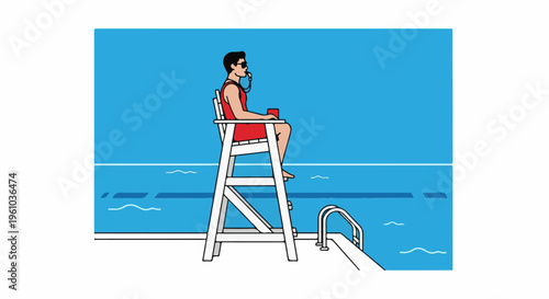 Lifeguard seated on high chair with whistle, watching pool