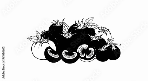 A cluster of ripe, dark and light tomatoes, some sliced, shows seeds and plant stems