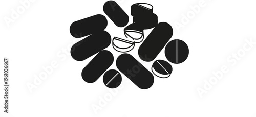 A cluster of various black pills and tablets on a white background