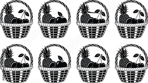 Collection of black and white vector silhouette icons featuring woven harvest baskets overflowing with fresh organic fruits including pineapples, apples, and sweet cherries.
