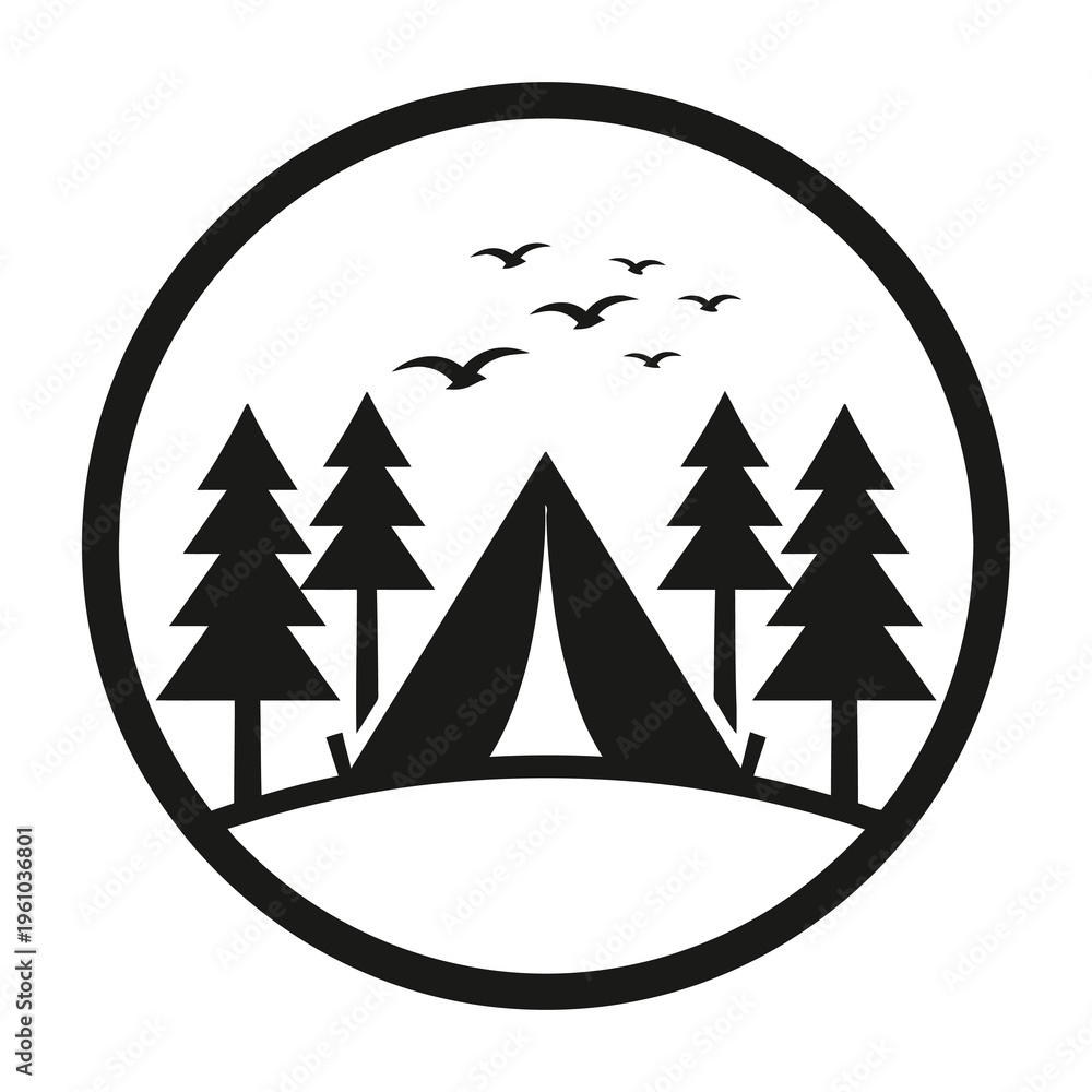 Fototapeta premium Camping logo with tent trees and birds in a circular frame symbolizing outdoor adventure and nature