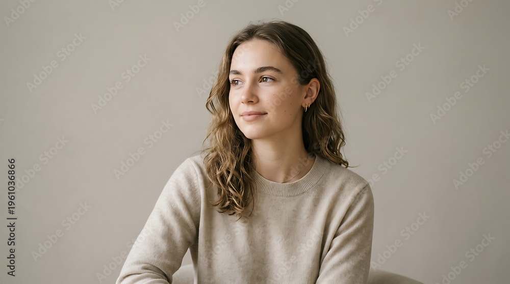 Obraz premium Young woman with wavy hair wearing beige sweater looking sideways