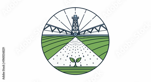 Irrigation system watering a young sprout in a circular depiction of a farm