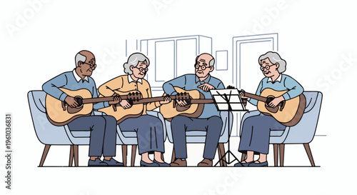 Four seniors sitting on chairs playing acoustic guitars together