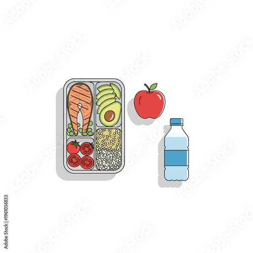 Healthy Lunch Box with Salmon, Avocado, Tomatoes, Grains, Apple, and Water Bottle