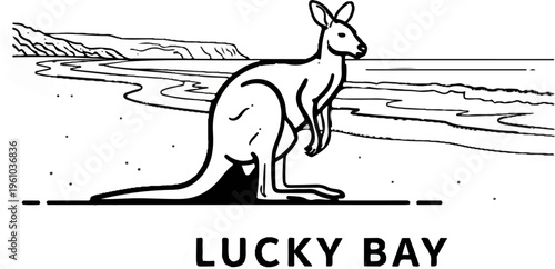 A black and white line drawing of a kangaroo standing on a beach by the ocean and cliffs