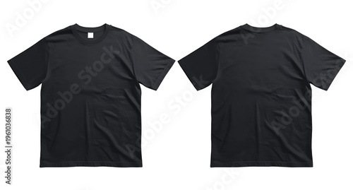 Black T-shirt front and back PNG mockup on white background, minimal apparel template for branding, print design, and fashion presentation use.