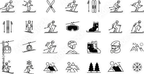 A collection of skiing-related icons including skiers, equipment, and winter scenery