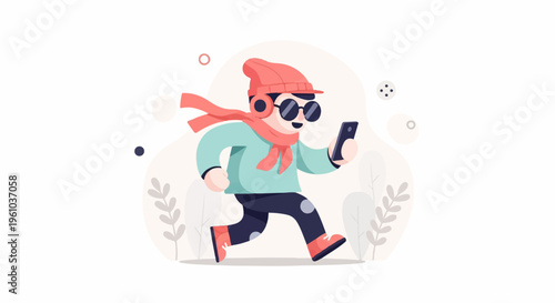A person in winter attire, wearing headphones, runs while looking at a smartphone