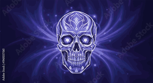 Eerie glowing skull with mystical blue energy burst background