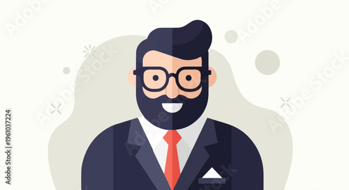 A stylized illustration of a man with a beard and glasses