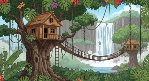Whimsical treehouse village with suspension bridge and waterfall in lush tropical forest