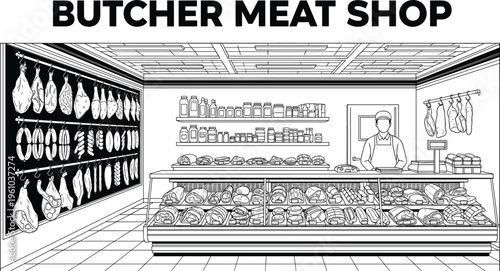 Detailed black and white line art illustration of a traditional butcher meat shop interior, featuring a butcher, display counter, hanging sausages, and meat products.
