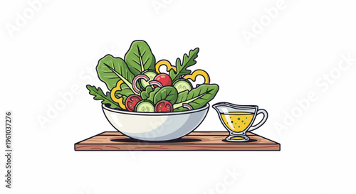 Fresh salad and dressing on wooden board, pixel art style