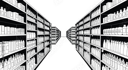Detailed black and white line art illustration of an empty supermarket grocery store aisle featuring long retail shelves fully stocked with various packaged products.