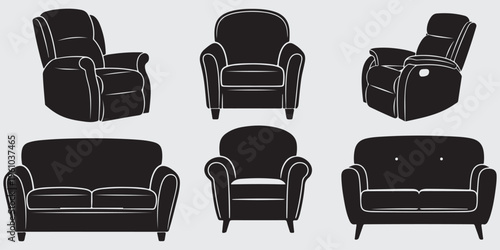 Minimalist living room furniture silhouettes armchair loveseat couch vector set