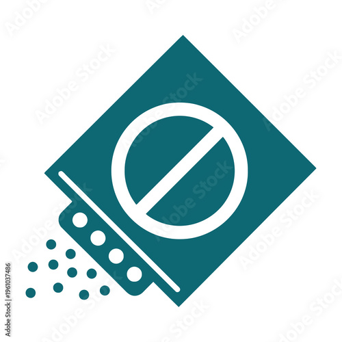 Pills spilling from bottle with prohibition symbol on dark teal background